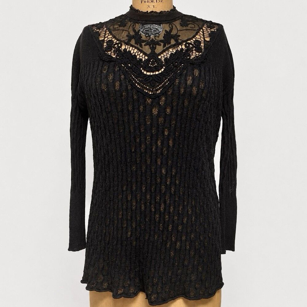Free People Black Lace Knit Tunic Sweater Boho Gothic Whimsigoth XS